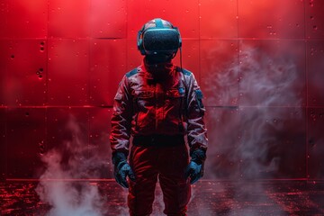 A futuristic soldier is clad in red armor and VR helmet, simulating a combat scene