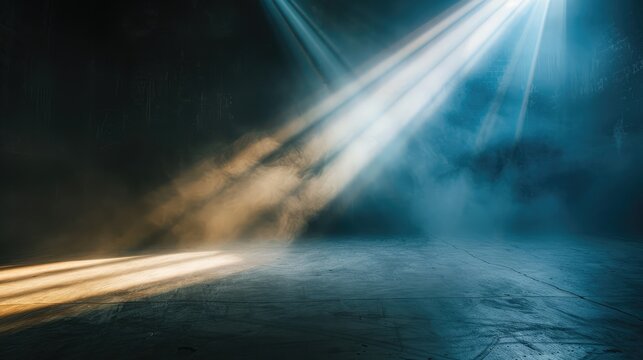 A dramatic beam of light cutting through the darkness, drawing focus to a key moment on stage