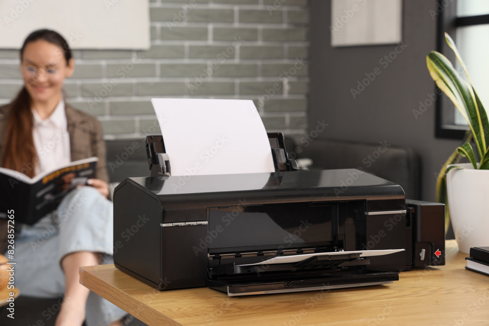 Canvas Prints Modern printer on table of businesswoman in office, closeup