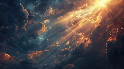 A dramatic sky with rays of sunlight streaming through gaps in the clouds, creating a heavenly effect