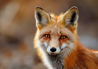 A red fox with alert eyes and vibrant fur stands in a natural setting.
