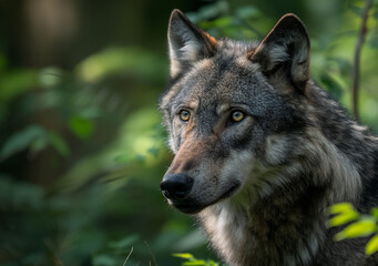 Fototapeta premium A wolf with alert eyes stands amidst green foliage in a forest setting. 
