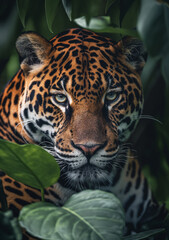 A jaguar with piercing eyes is partially concealed by surrounding lush green leaves.
