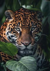 Obraz premium A jaguar with piercing eyes is partially concealed by surrounding lush green leaves. 