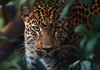 A jaguar with piercing eyes is partially concealed by surrounding lush green leaves.
