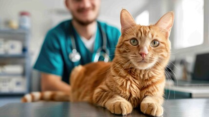 Red furred cat being examined by a male veterinarian in a veterinary clinic
