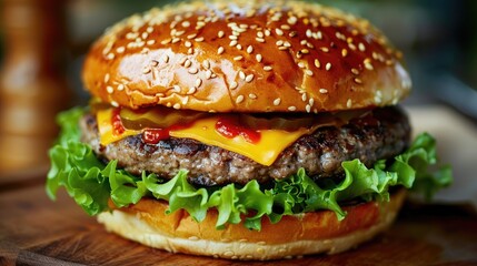 A mouthwatering burger loaded with juicy beef patty, fresh lettuce, and melted cheese