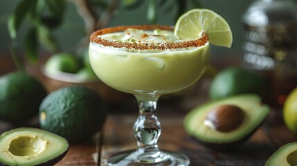 An avocado margarita on a table scattered with avocado halves and lime wedges. The glass is garnished with a lime wheel and a sprinkle of Tajin.