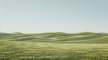Obraz premium A field of grass with a backdrop of rolling hills and distant trees under a clear sky