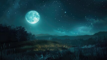 A night sky illuminated by a full moon, casting a gentle glow over the landscape