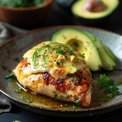 Grilled chicken breast topped with melted cheese and avocado slices. Served with a side of fresh parsley and lime wedges.