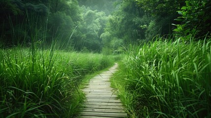A pathway through tall grass leading to a tranquil forest, evoking a sense of adventure
