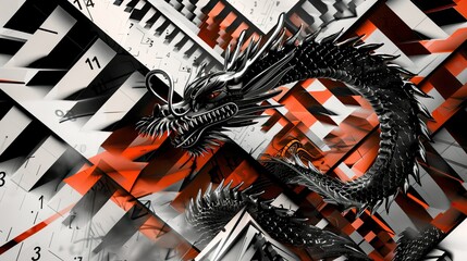 constructivism art style, use pareidolia Calender chart as color blocks or space sf to orming a Chinese dragon in black and white