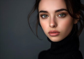  This is a portrait of a woman with a neutral expression, looking directly at the camera. She has fair skin, dark hair and she is wearing makeup. The woman is wearing a black turtleneck. 