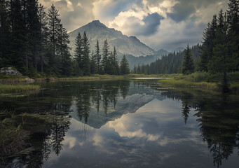 A calm pond reflecting tall pine trees and a mountainous landscape under a cloudy sky.
