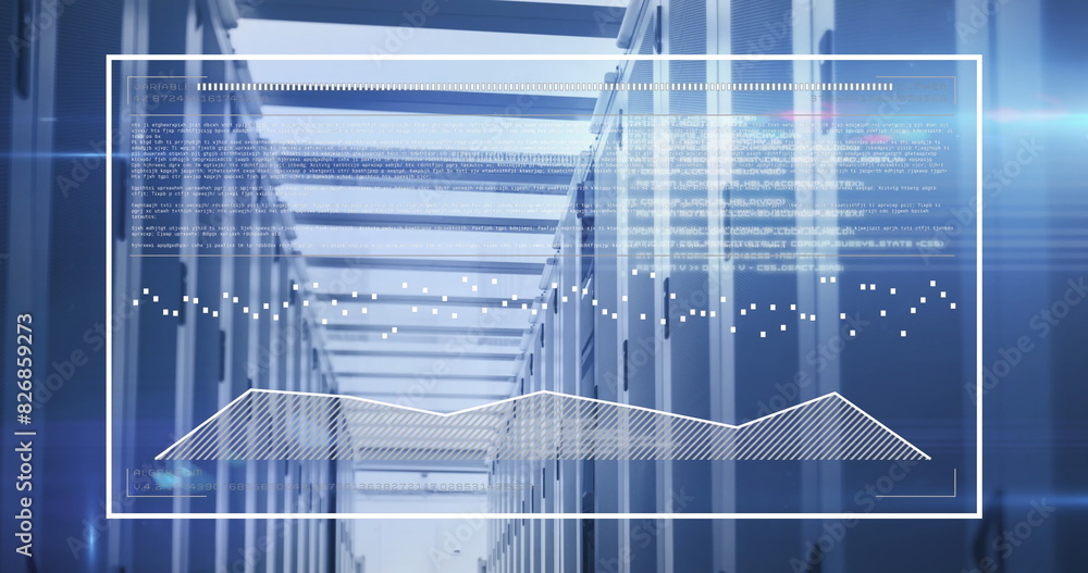 Poster image of graphs in rectangle and lens flares over server room
