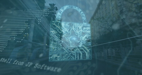 Image of security padlock icon, world map, data processing against people walking on city bridge