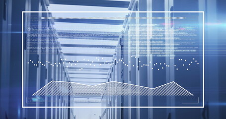 Image of graphs in rectangle and lens flares over server room