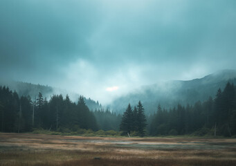 A misty forest landscape with conifer trees and a foggy sky above.
