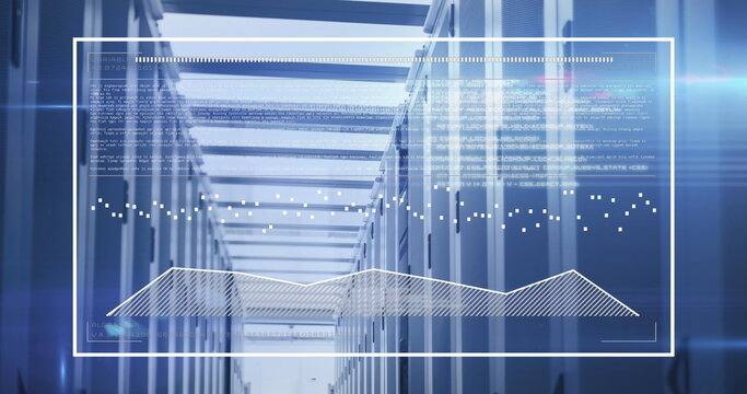 Image of graphs in rectangle and lens flares over server room