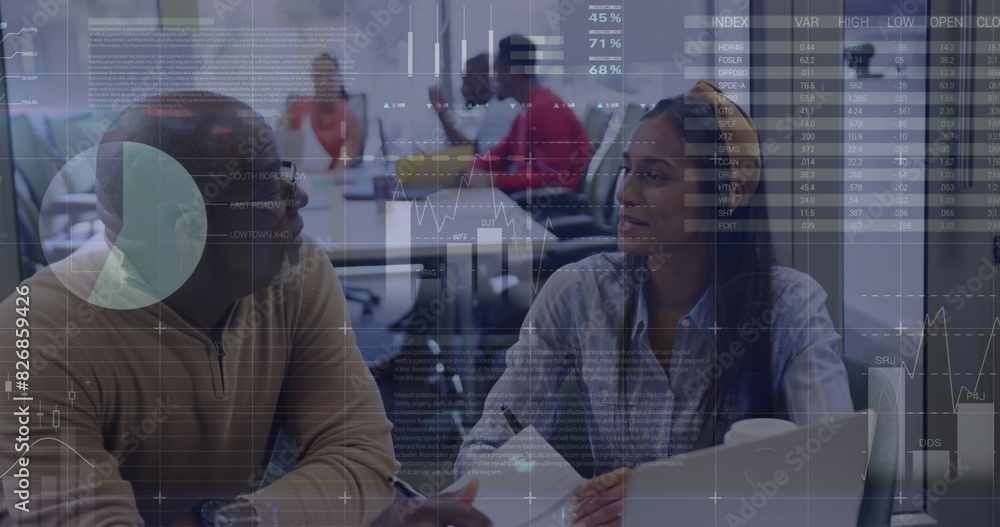 Poster image of statistical data processing against diverse man and woman discussing at office