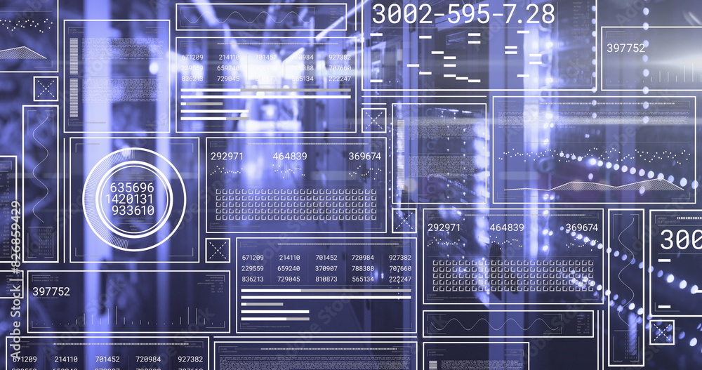 Poster image of hud screens with changing numbers, graphs, loading bars, circles over server room