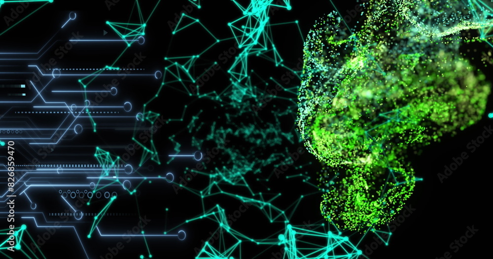 Poster image of illuminated connected dots and circuit board patterns with dynamic wave of dots