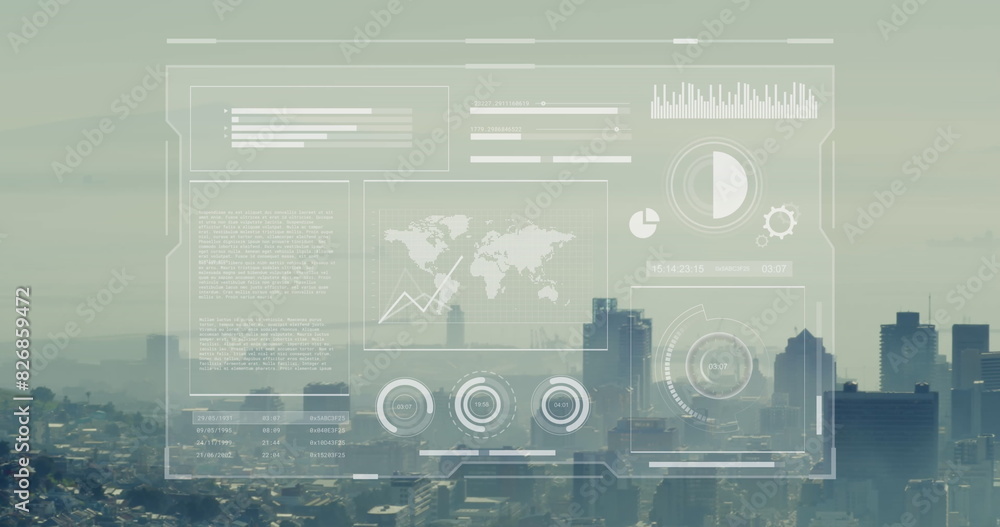Aufkleber image of graphs, loading bars and circles with map over aerial view of modern cityscape