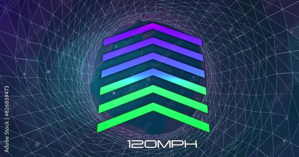 Poster image of illuminated arrows, number changing with mph text and grid patterned tunnel