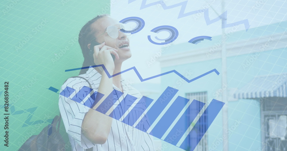Poster image of graphs and loading circles over biracial man talking on cellphone