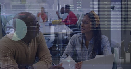 Image of statistical data processing against diverse man and woman discussing at office