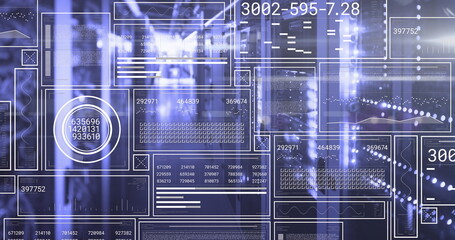 Image of hud screens with changing numbers, graphs, loading bars, circles over server room