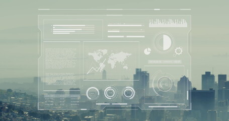 Image of graphs, loading bars and circles with map over aerial view of modern cityscape