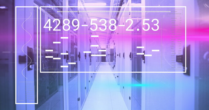 Image of changing numbers, lines and loading bars in rectangle over server room