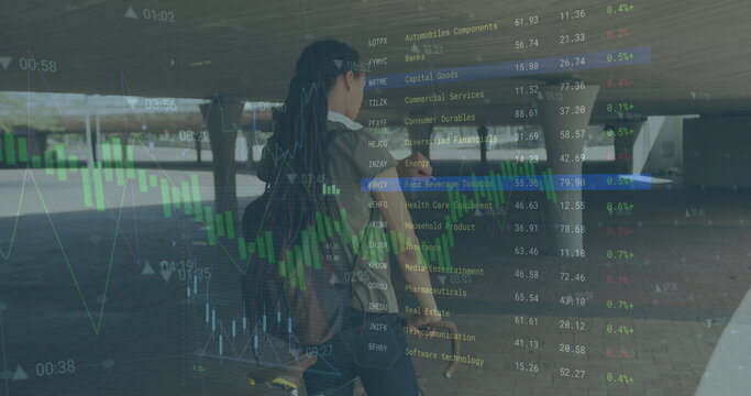 Image of graphs and trading board, biracial man on bicycle looking at smartwatch