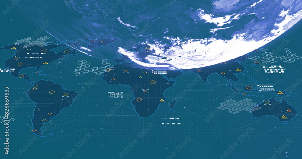 Poster digital earth map displays data points and network connections across continents