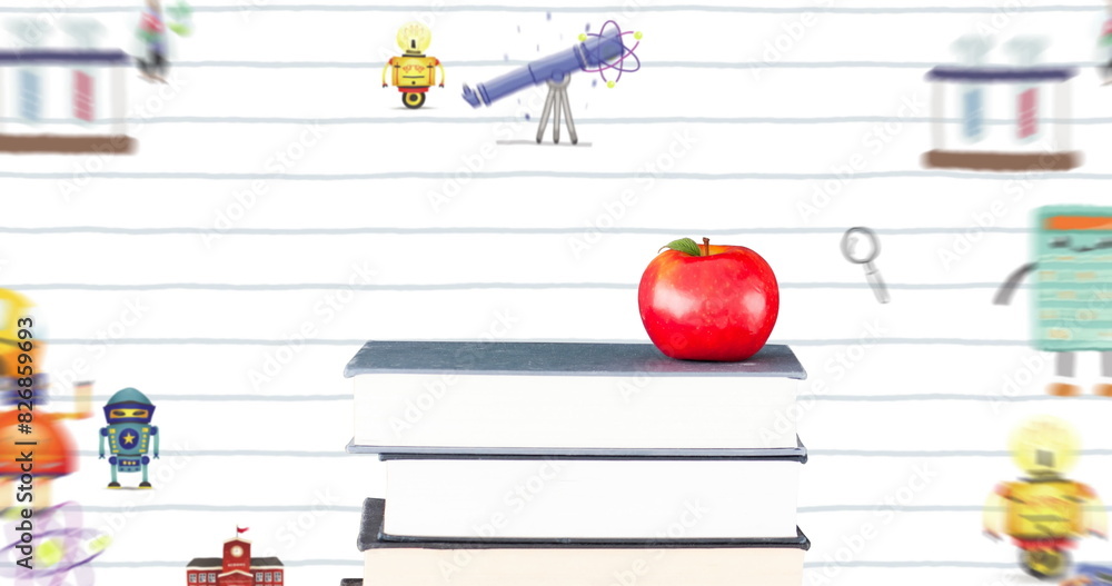 Aufkleber a stack of books with red apple on top resting on a desk