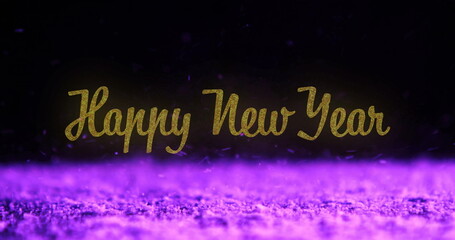Golden Happy New Year text glowing against purple background