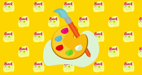 School supplies featuring colorful palette and paintbrush dominate design