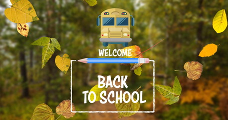 Fototapeta premium School bus in autumn forest welcoming students back