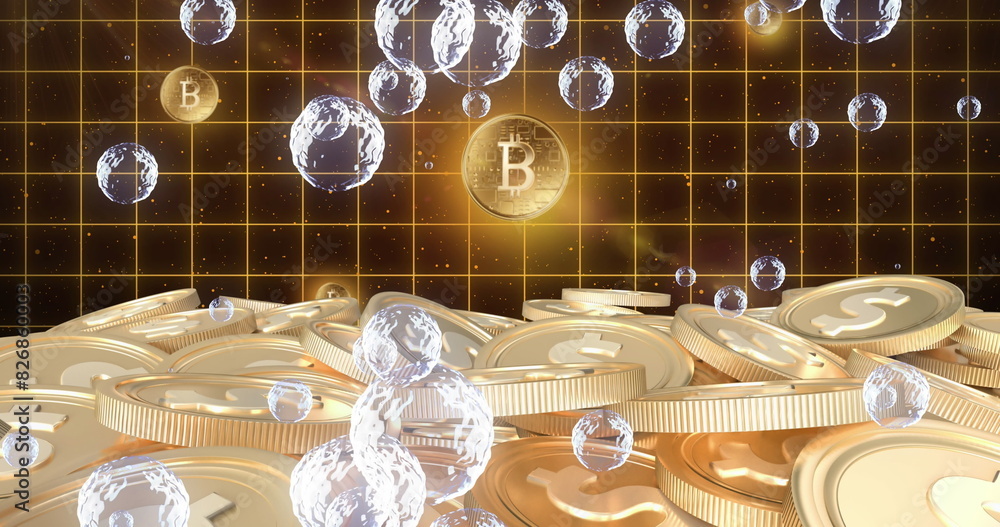 Poster golden coins showing dollar and bitcoin symbols floating in space