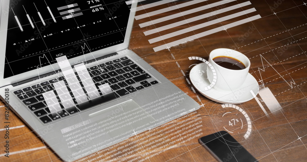 Poster laptop showing graphs and data analysis resting on wooden desk