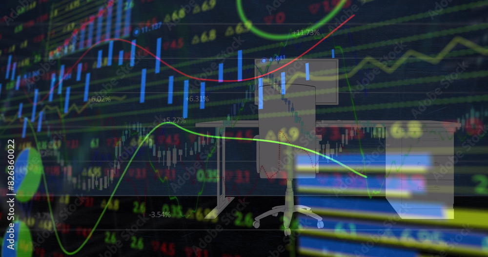 Poster screens displaying colorful stock market graphs and data, creating vibrant scene