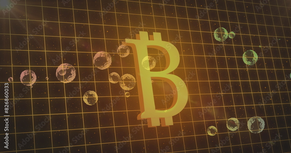 Poster golden bitcoin symbol floating above grid with bubbles