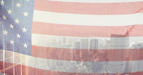 Naklejka premium American flag overlaying city skyline, showing deep patriotism