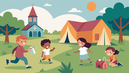 Naklejka premium Children ran freely on the church grounds playing games and making new friends while parents set up their sleeping bags for an unforgettable overnight. Vector illustration