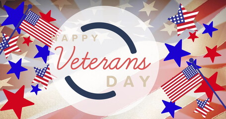Obraz premium Happy Veterans Day text, surrounded by flags and stars, honoring holiday