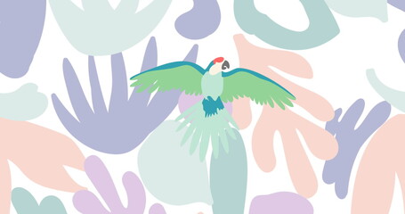 Parrot with vibrant green wings flying over abstract pastel shapes