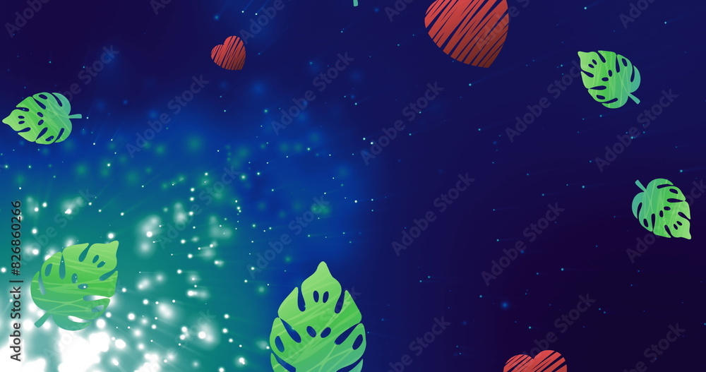 Sticker Colorful leaves floating in starry, glowing space