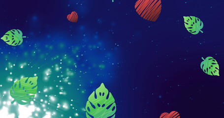 Colorful leaves floating in starry, glowing space